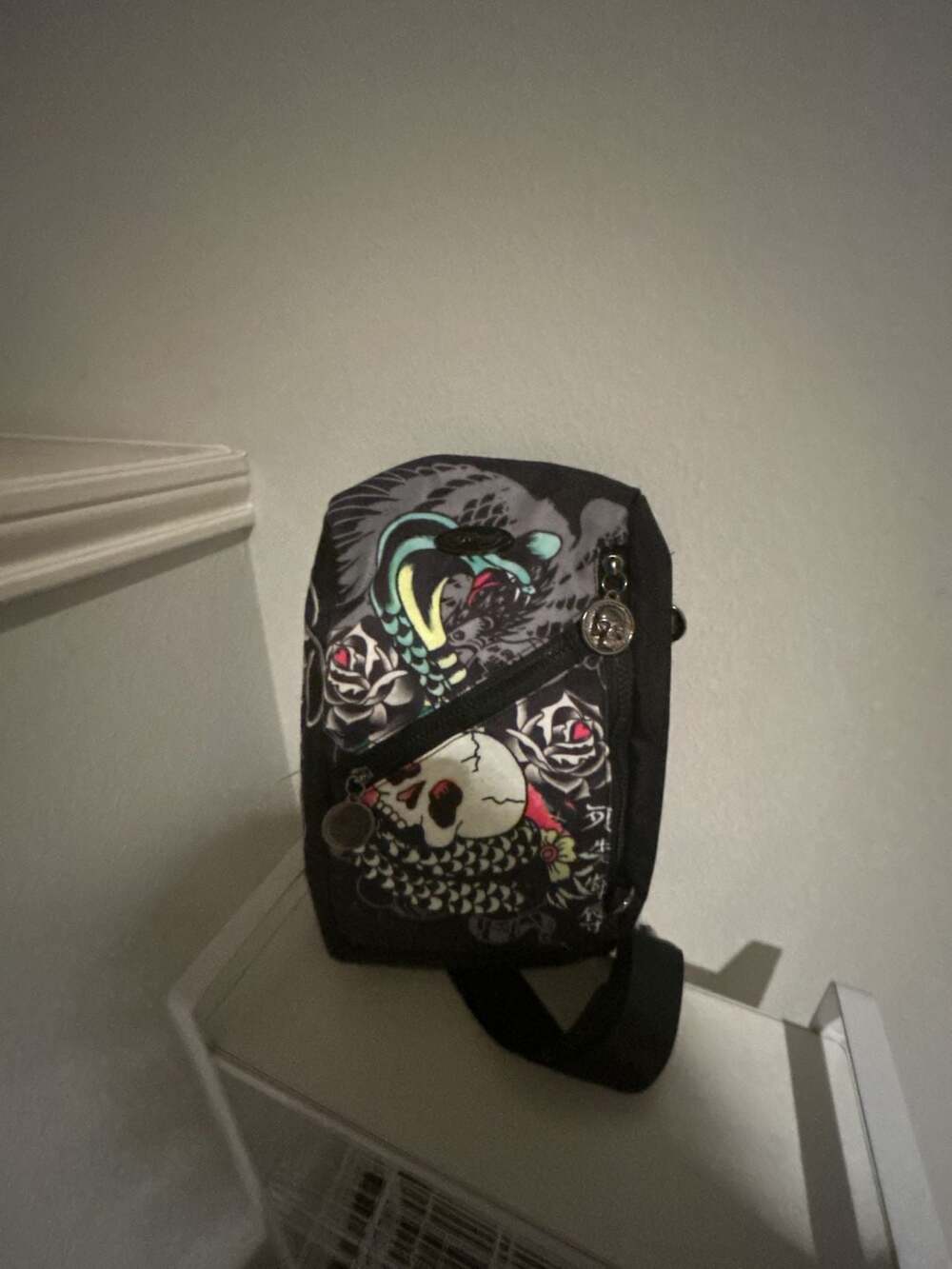 Ed Hardy Crossbody Bag Black Skull Rose Graphic